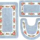 3 Pcs Rose Flowers Bathroom Rugs Set Coquette Room Decor Floral Rugs for Bathroom Bedroom Living Room, Floral Bath Mat Non Skid Romantic Rose Flower Area Rugs 3 Shapes(Blue)