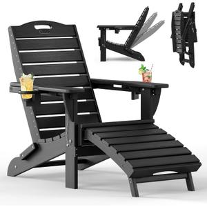 Folding Adirondack Chair with Retractable Ottoman Weather Resistant Fire Pit Chair Patio Chair with 2 Cup Holder Lawn Outdoor Lounge Chair (Black)