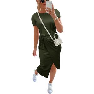 NOLLSOM Women Casual Sleeveless Striped Tank Midi Dresses Halter Neck Ruched Bodycon Dresses Tie Waist T Shirt Summer Dress (Medium, Tie Army Green)