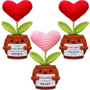 Wavwavw 3 Pack Teacher Appreciation Gift Positive Flower Handmade Crochet Doll Thank You for Helping Me Grow Gifts Back to School Gifts for Women Teacher(Heart)