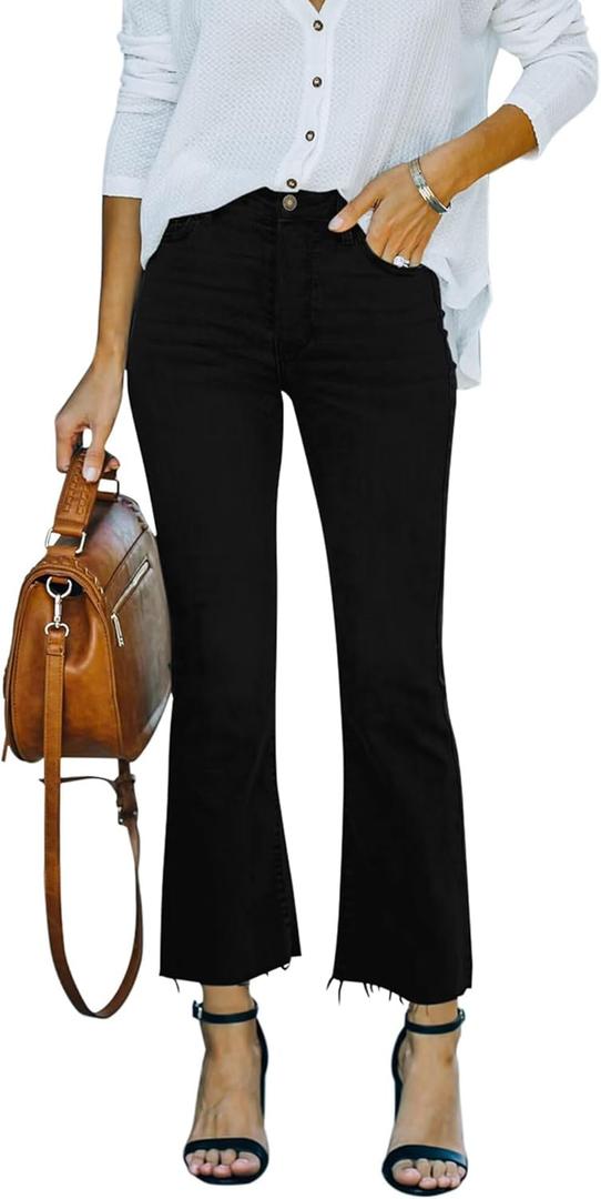Yewfirm Flare Jeans for Women Cropped Stretchy Mid Rise Bell Bottom Womens Crop Flare Jeans with Live Hem, Black, US10