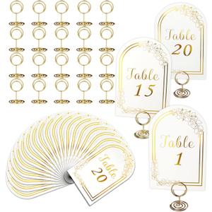 Wedding Table Numbers 1-20, 20 White Gold Tables Number Cards with 20 Gold Table Holders, 1 Set of 20 Numbers Card for Wedding Reception(Card and Holder)