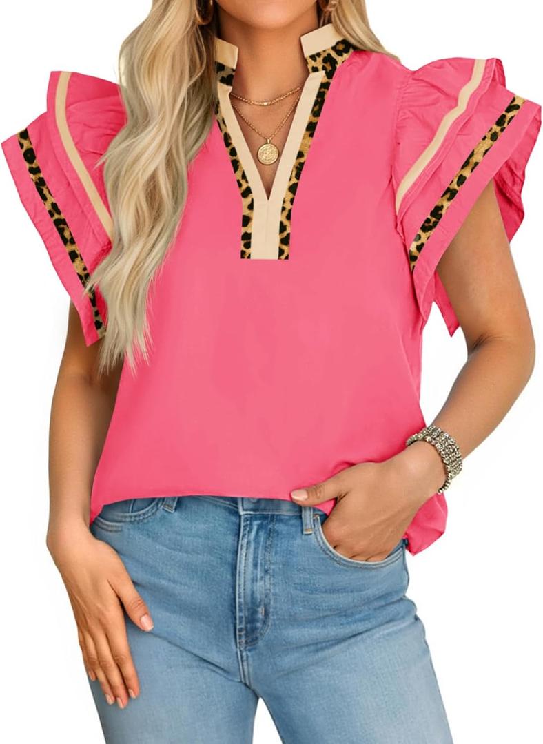 Cicy Bell Womens Ruffle Cap Sleeve Tops Color Block V Neck Dressy Casual Blouses Summer Pleated Loose Fit Shirts XL Rose Red