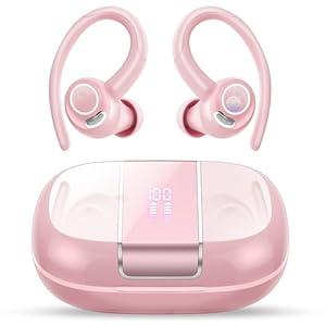 Wireless Earbuds Bluetooth 5.3 Headphones Sports, 48Hrs Playback Over Ear Buds with CVC8.0 Mic, Bass Stereo Bluetooth Earbuds with Earhooks, LED Display, IP7 Waterproof Earphones for Running Pink