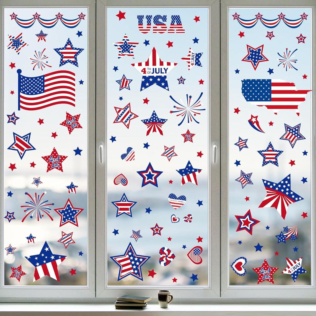 4th of July Window Clings Patriotic Independence Day Labor Day Window Stickers, USA Stars Veterans Day, Fourth of July Window Decorations for School Home Office Party Supplies