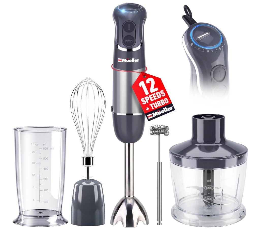 Mueller Multistick 5-in-1 Immersion Blender Handheld,12 Speed Hand Mixer-Turbo Boost,Heaviest Duty Copper Motor,Titanium reinforced Blades Hand Blender,Milk Frother Wand,Whisk,Beaker,Chopper,Grey