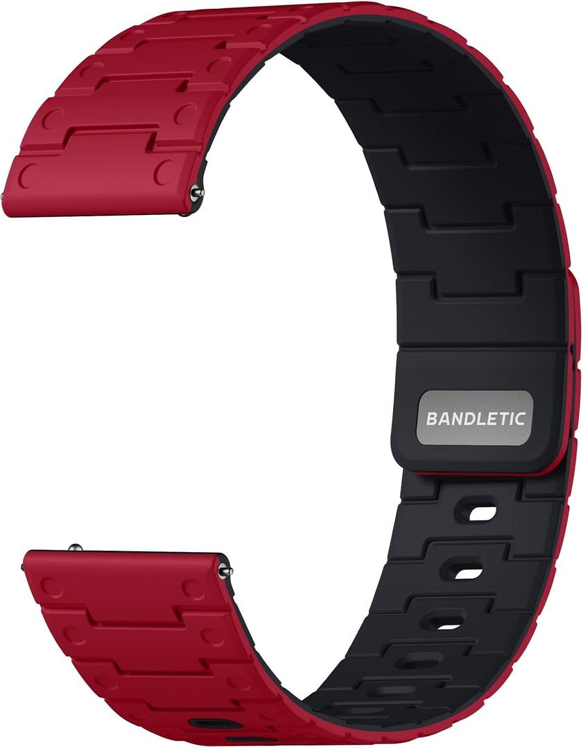 Bandletic 20mm Magnetic Watch Band, Quick Release Rugged Silicone Watch Strap Compatible with Garmin Forerunner 245 Watch Band, Soft Smartwatch Wristband Replacement Straps for Men Women, Red/Black