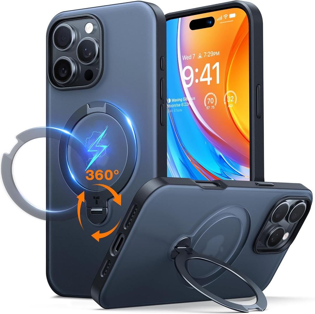 TORRAS Upgraded 360 Spin Magnetic Stand for iPhone 16 Pro Case, Fit for MagSafe, Built-in Kickstand & Ring Holder, Mil-Grade Protective Soft Edge Translucent Case for iPhone 16 Pro, Black 6.3''