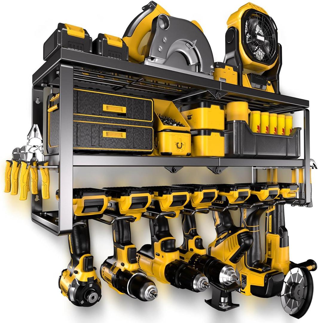Power Tool Organizer for Tool Storage, Drill Holder Wall Mount with Charging Station, Tool Holder and Storage Rack for Garage Organization, Heavy Duty Metal Tool Shelf with Battery Holder (3 shelves 7 slots)