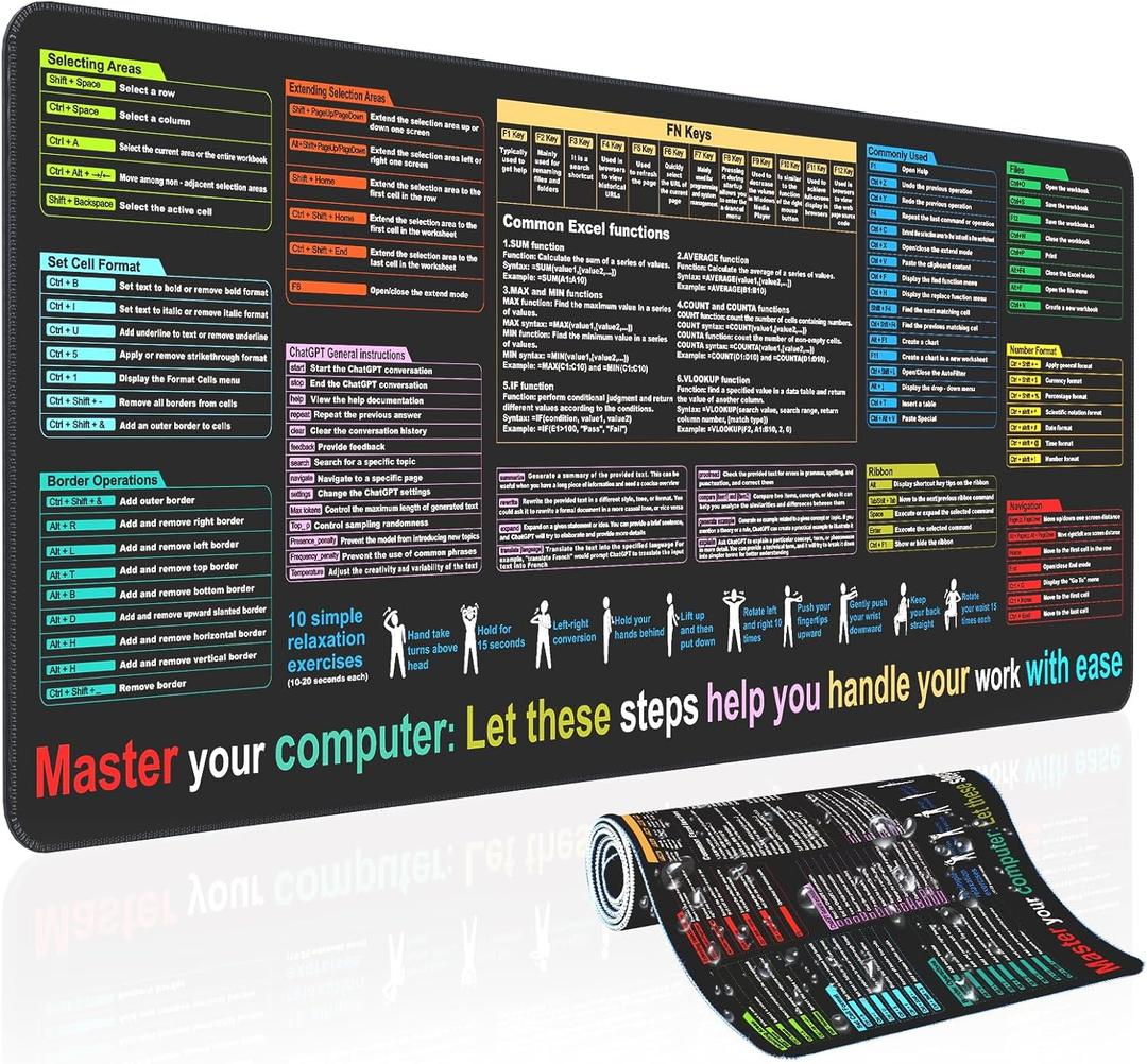 Waterproof Mouse padExcel Cheat Sheet Desk padContains 9 major Excel function modules and common functionsLarge XL Mouse pad Gaming|Desk mat for Keyboard and Mouse|Computer mat with excel Shortcuts (31.5" x 11.8")