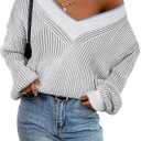 Women's Oversized Striped V Neck Sweater 2024 Fall Long Sleeve Knit Color Block Sweaters Casual Trendy Pullover Top Size L