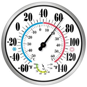 Indoor Outdoor Thermometer - Outdoor Thermometers for Patio Large Numbers 12Inch Weatherproof, Battery Free Auto Calibrate Thermometer Hygrometer with Stainless Steel Enclosure (Silver1)