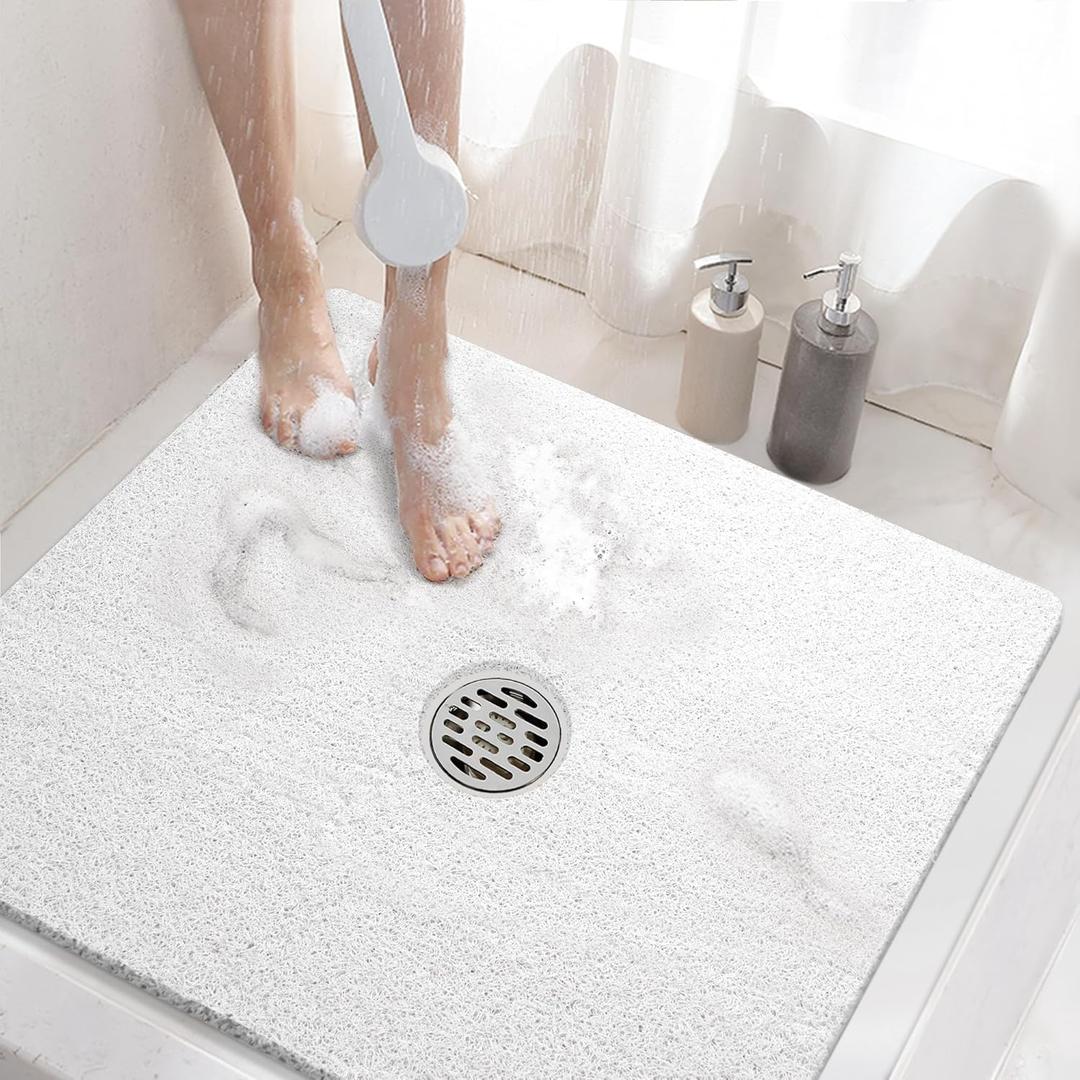 HITSLAM Square Shower Mat, 24 x 24 Inch Non Slip Bath Mat for Tub, Soft PVC Loofah Bathtub Mats with Drain Holes, Quick Drying Bathroom Stall Floor Mat, Bathroom Accessories Without Suction Cup, White
