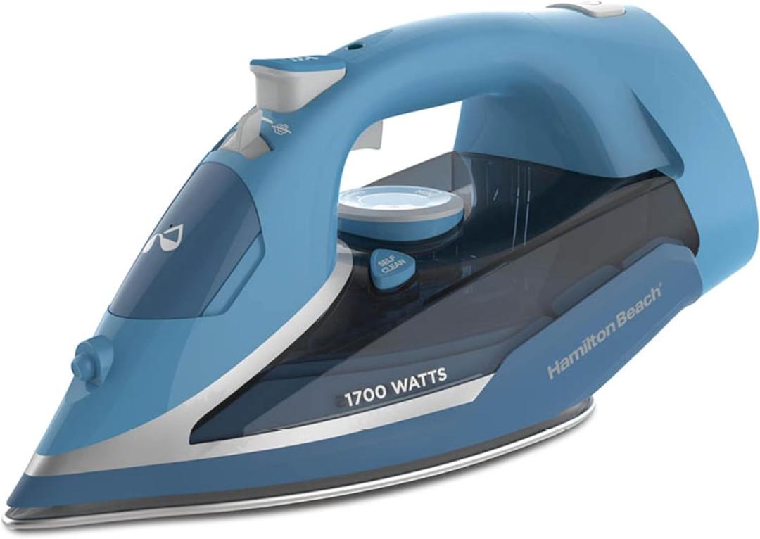 Hamilton Beach Steam Iron for Clothes & Garment Steamer with Durable Stainless Steel Soleplate, 1700 Watts for Ultra-Fast Heat, 8 Retractable Cord, Auto Shutoff, 350 ml Water Tank, Blue (14216)
