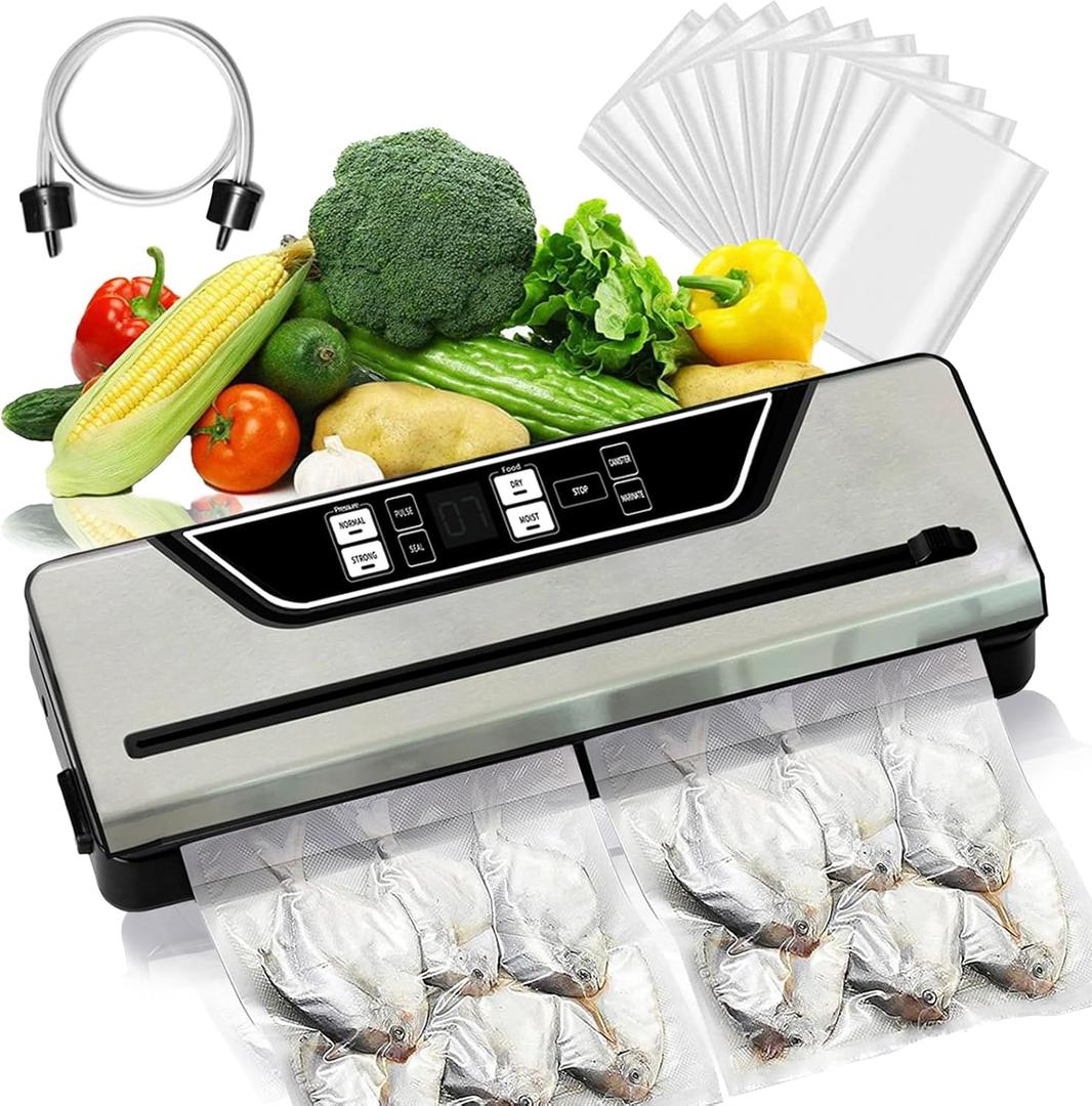 Vacuum Sealer Machine 90Kpa Precision 10-in-1 Compact food saver vacuum sealer machine with Digital Timer, Dry & Moist Food Modes, food sealer with 10 Vacuum Bags & Bulit-in Cutter (Silver)
