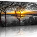 Bamdeya Black and White Canvas Wall Art Bedroom large Lake Tree Print Art Forest Gold Sunset Poster Picture Natural Scenery Wall Decor Living Room Landscape Painting Office Home Decorations Framed