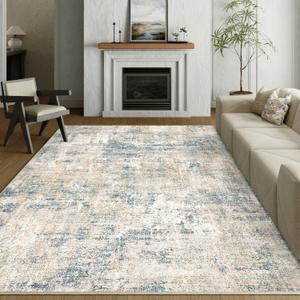 Machine Washable Area Rug 6x9 Blue Brown Large Living Room Indoor Accent Rug Neutral Modern Abstract Low Pile Carpet Non Slip Distressed Throw Rug Bedroom Office Dining Room (6' x 9' (Rectangular), Abstract Blue Brown)