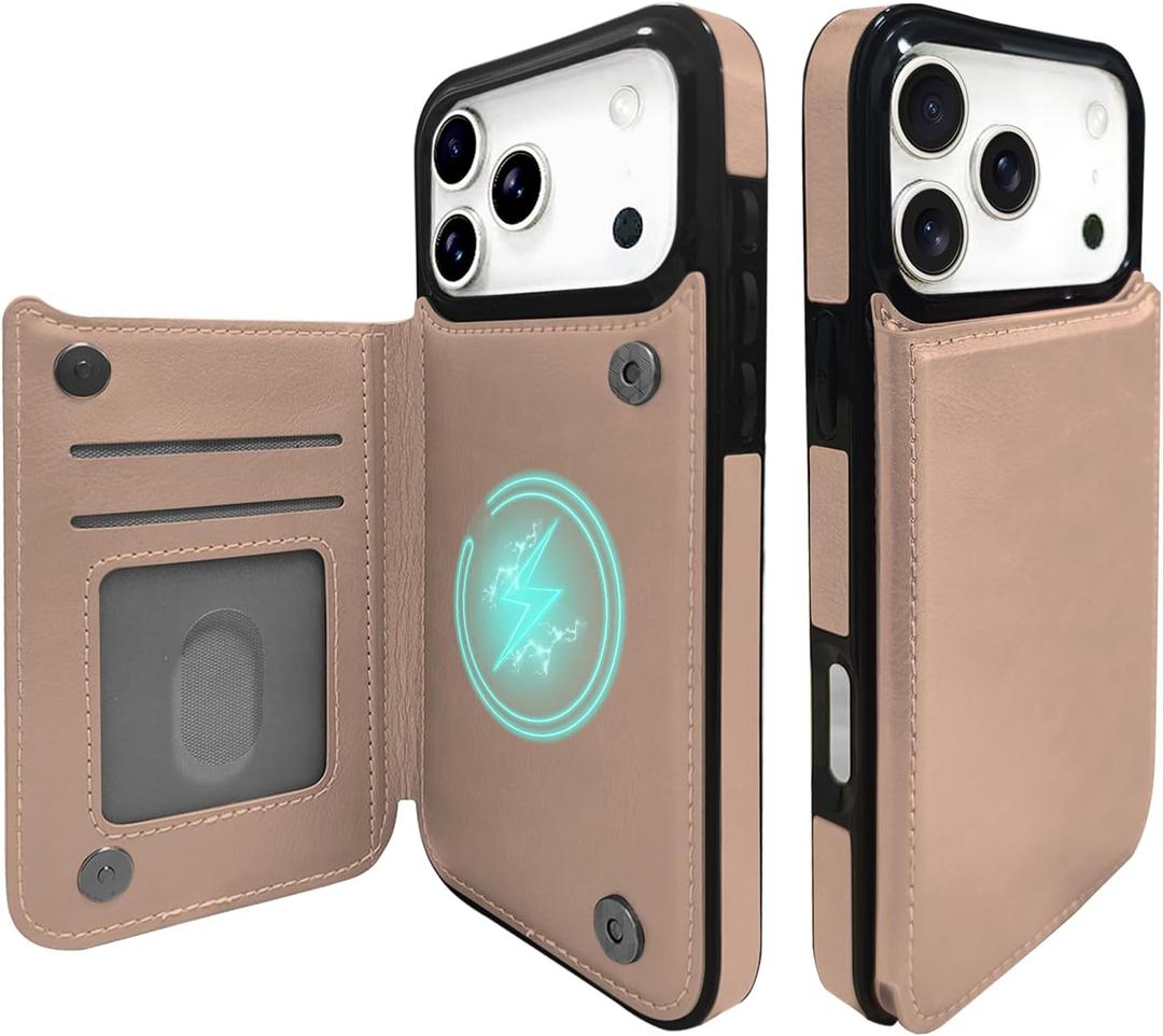 TopPerfekt Wallet Case for iPhone17ProMax 6.9",Compatible with MagSafe, Military-Grade Drop Protection,Flip Leather Built,Kickstand Magnetic Double Magnetic Clasp Shockproof Wireless Charging-RoseGold