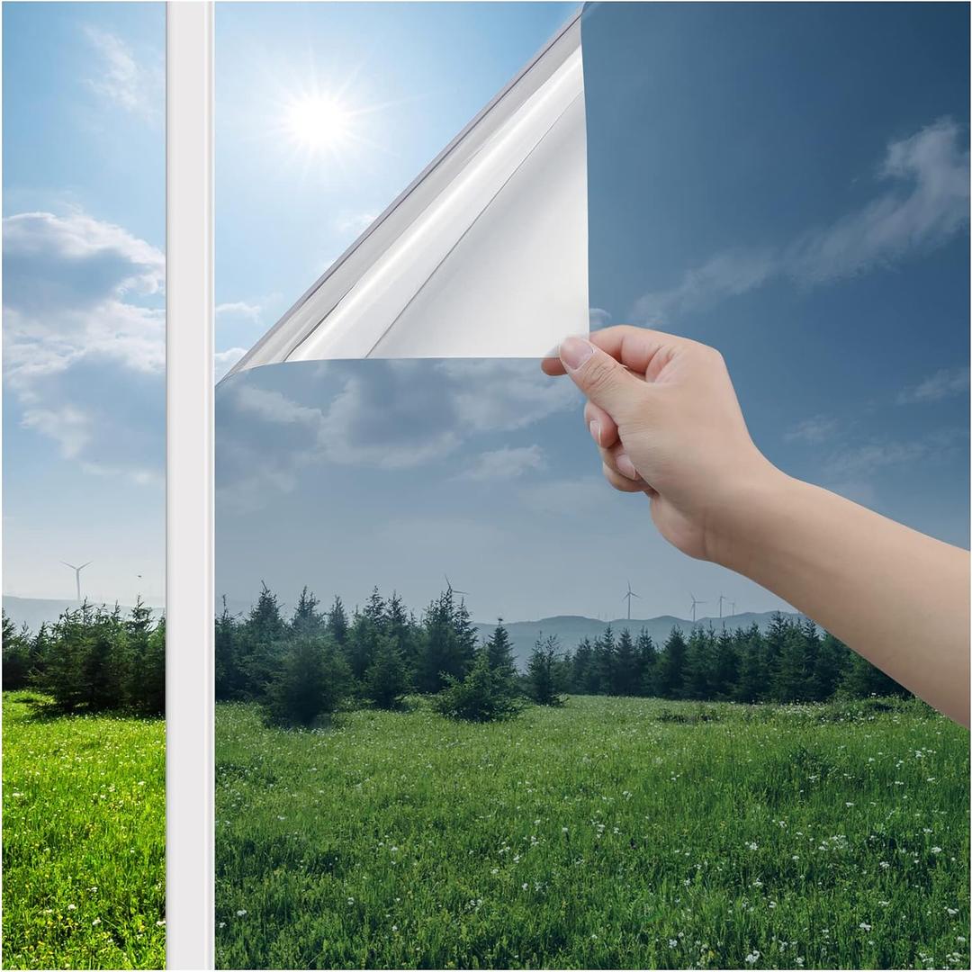 Haton Window Privacy Film One Way Window Tint for Home, Sun UV Blocking Heat Control Reflective Mirror Film, No Glue Static Cling See Out Not in Glass Door Covering, Silver, 35.4" x 78.7"