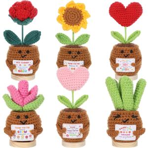 6pcs Teacher Appreciation Gifts Emotional Support Crochet Sunflower Rose Plants Thank You for Helping Me Grow for Teachers Christmas Positive Crochet Flower With Card for Women Mom Birthday