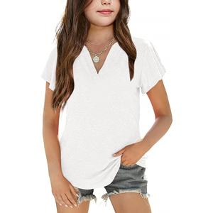 PLNOTME Girls' Summer Cute T Shirts Casual Short Sleeve V Neck Plain Tunic Tops (White, S)