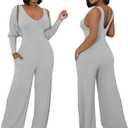 Women's Casual 2 Piece Outfits Ribbed Knitted Batwing Long Sleeve Cardigan Tank Wide Leg Jumpsuits Sets With Pocket, XL