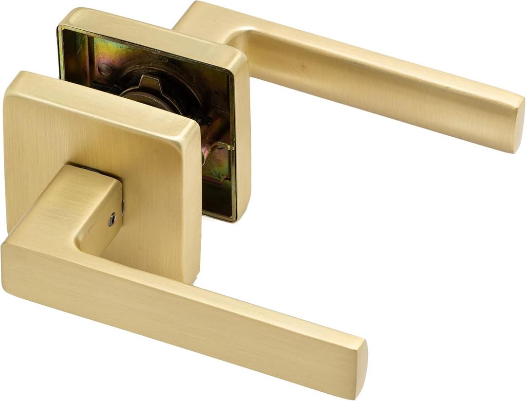 Linkaa Passage Door Handles Brushed Gold Door Lever Satin Brass for Hall or Closet, Keyless Door Knob, Square Interior Door Handle Heavy Duty Zinc Alloy (1, Passage (No Lock)Brass Gold)