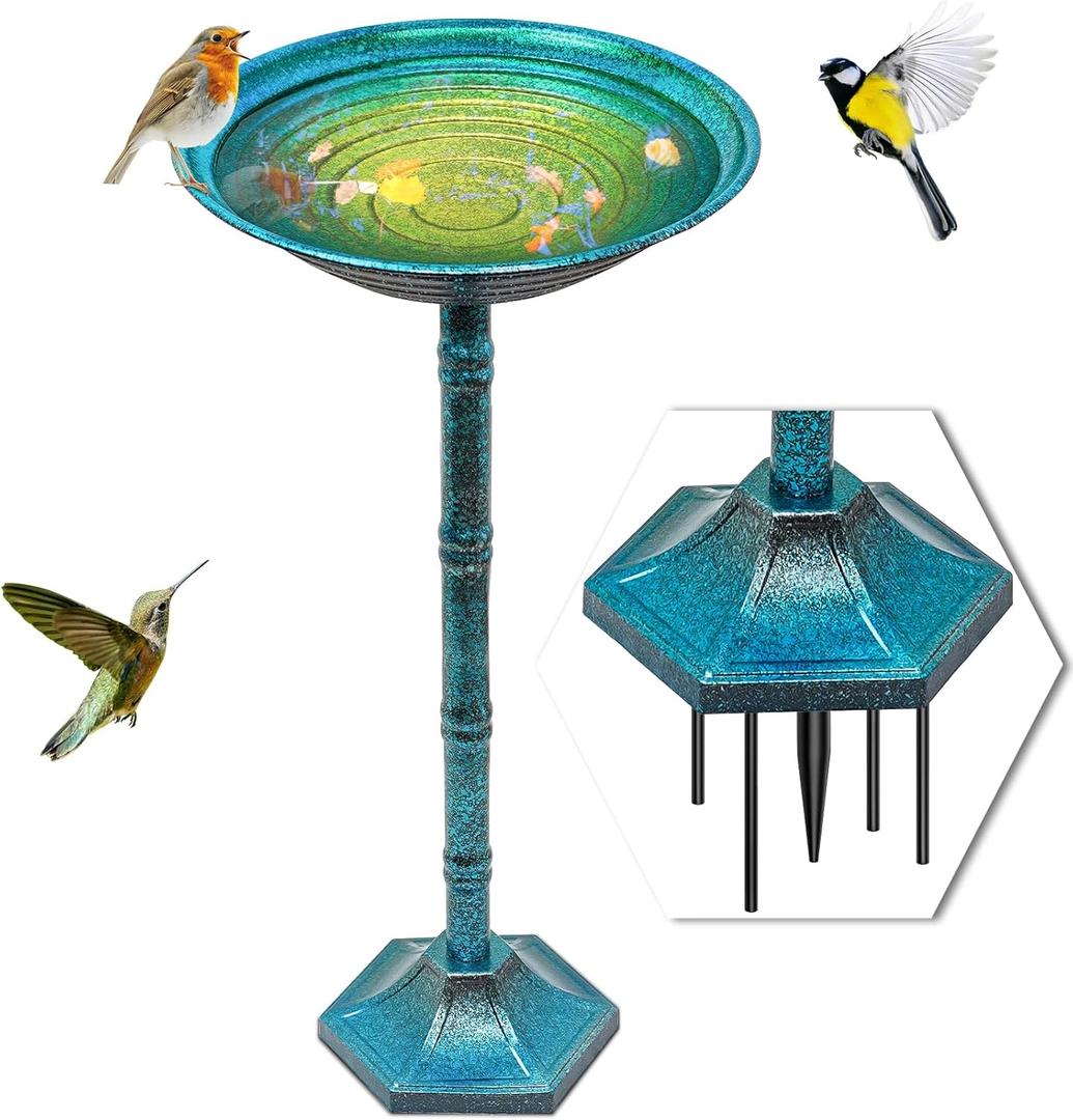 Metal Bird Bath for Outside, Freestanding Garden Metal Birdbaths with Stable Upgrades Stake, Easy to Clean Birdfeeder for Outdoors Garden Yard Lawn Decor (Blue)