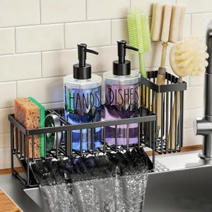 MASADI Kitchen Dish Soap Dispenser Set with Sponge Holder, 12OZ Glass Bottle, Hand and Dish Soap Dispenser Set, Non-Slip Silicone Pad, Brush Holder, Kitchen Sink Organizer Countertop (Black+Clear)