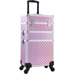 Adazzo 3 in 1 Professional Rolling Makeup Train Case Aluminum Trolley Case with 360 Rotation Wheels for Makuep Artist Cosmetic Suitcase Organizer with Lock and Key Diamond Pattern - Pink