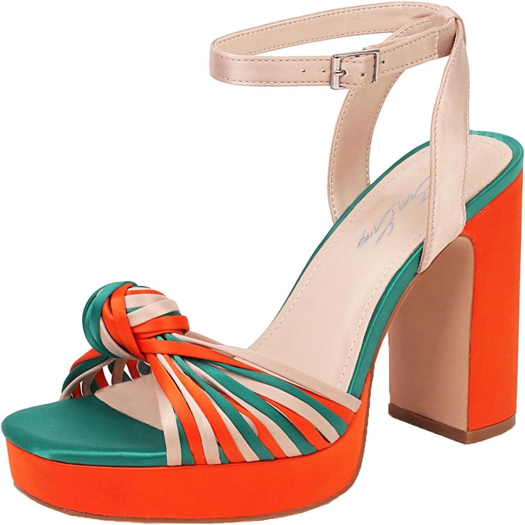 sun gurg Strappy Platform Heels for Women Square Open Toe Chunky High Heels Multicolored Ankle Strap Block Heeled Sandals for Prom Wedding Date Night (9, Orange)