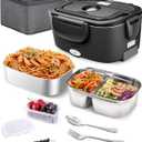 Buddew Electric Lunch Box 80W Food Heater with Dual Container, Portable Lunch Warmer for Adults, Upgraded Heated Lunch Box for Car/Truck/Office with SS Fork&Spoon and Insulated Carry Bag (Black)
