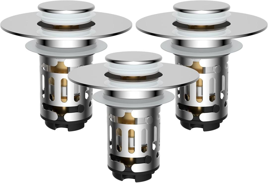 Hibbent 3 Pack Upgraded 3 in 1 Bathroom Sink Drain Strainer, Universal Pop Up Stopper with Removable Stainless Steel Filter Basket Hair Catcher, Sink Plug for 1.1''~2.36'' Basin, Brass Core, Chrome