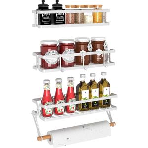 3 Pack Spice Rack Wall Mount With Paper Towel Holder and Hooks, Screw or Adhesive Hanging Spice Shelf,Space Saving Spice Organizer for Seasonings, Spice Racks for Stove,Cabinet, Pantry,White