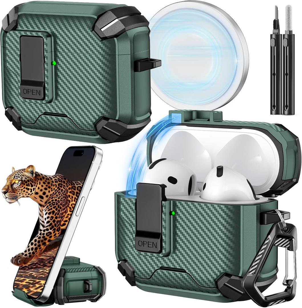 Inesore Compatible with AirPods 4th Case with Phone Stand & Cleaning Kit, Compatible with Magsafe, Magnetic Automatic Lock for Airpods 4 with Active Noise Cancellation Charging Cover (2024) (Green)