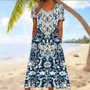 Spring/Summer Women's Ethnic Print Versatile Vintage Dress with Pockets Short-Sleeve Dress Blue, Small