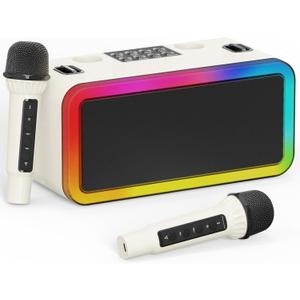 Portable Karaokee Machine 2 Microphones, Outdoor Bluetooth Speaker Karaoke Machine, Karaoke Microphone Machines Kid Adult Wireless PA TF USB Sound Effect Light Outdoor/Indoor Home Party, Brown