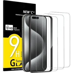 NEW'C 3 Pack Designed for iPhone 15 Pro Screen Protector (6.1 inches), Enhanced Tempered Glass Protection with easy installation tool included,Case Friendly Ultra Resistant (Transparent)