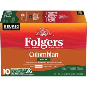 Folgers Colombian Decaf Coffee, Medium Roast, Keurig K-Cup Pods, 10 Count Box, Best By: NOV/06/2026