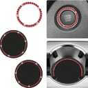 2PCS Bling Car Cup Holder Coaster with 1PC Start Stop Button Cover, Universal 2.72" Anti-Slip Silicone Auto Coaster Pad Decoration, Shiny Rhinestone Car Ornament Accessories (Red)