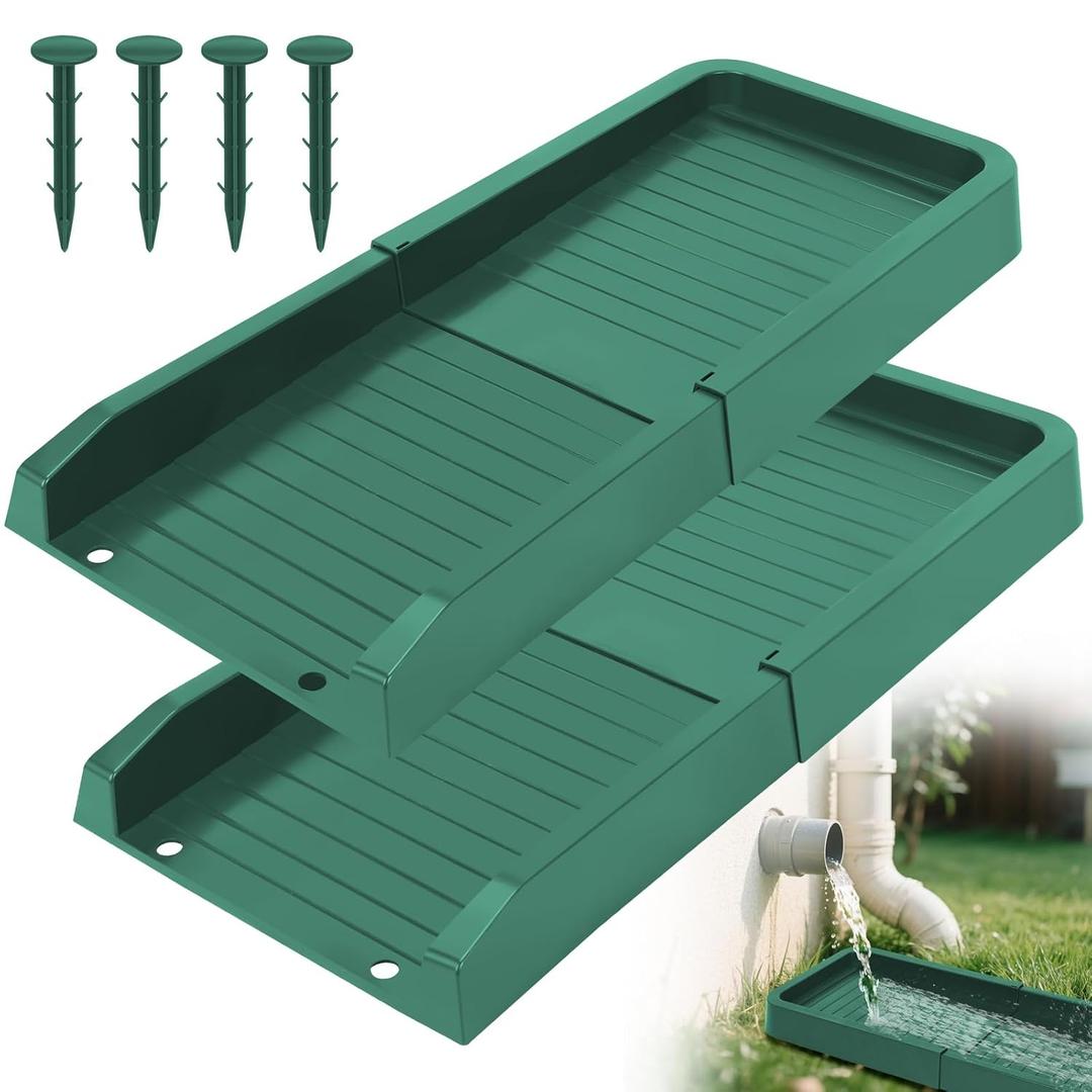 MultiOutools Downspout Splash Block, 2 Pack Rain Gutter Downspout Extensions for Water Drainage with PE Fixing Nails, Fixable Down spout Drain Trays Drainage to Protect House Foundations, Green