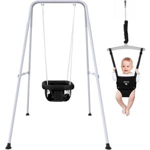 2 in 1 Baby Jumper with Swing - Indoor and Outdoor Use, Baby Jumpers and Bouncers, Toddler Swing with Foldable StandBlack