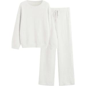 GKBK Lounge Sets for Women 2 Piece Fuzzy Fleece Pajamas Long Sleeve Oversized Lounge Set 2025 Fall Winter Trendy, Off White Large