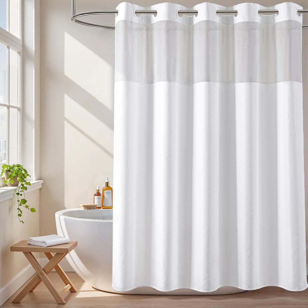 River Dream White No Hook Fabric Shower Curtain or Liner with Sheer Window, No Liner Included or Needed, Water Repellent, Machine Washable, 71" Wx74"L