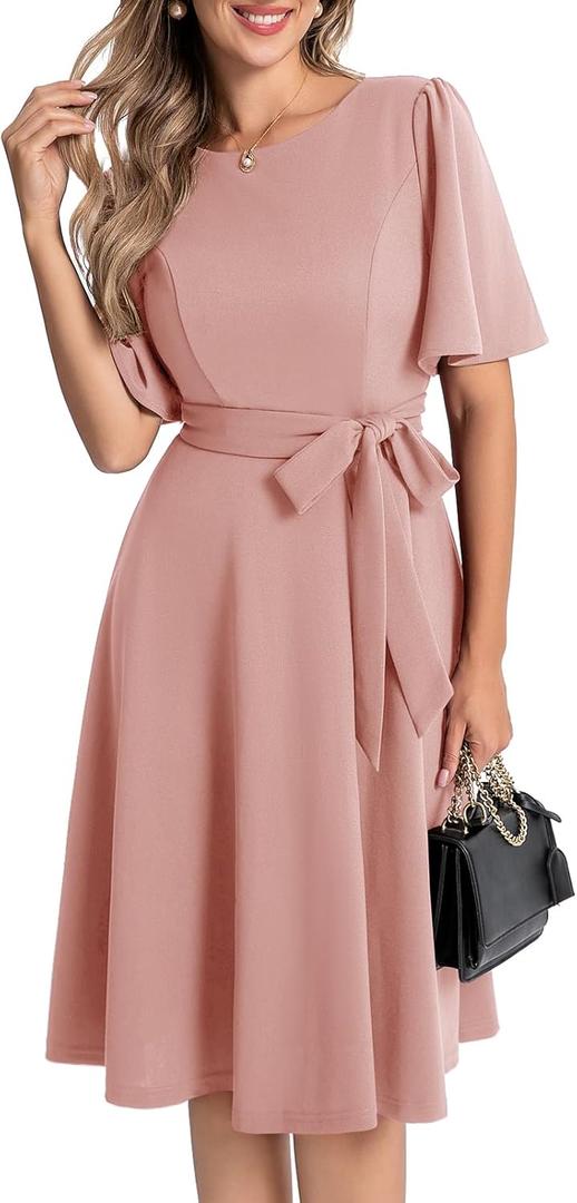 Bbonlinedress Women Midi Vintage Cocktail Party Tea Dress Short Sleeve Formal Wedding Guest Church Modest Dress (Pink, XL)