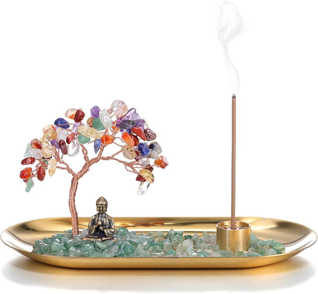 Jovivi Crystal Incense Holder for Sticks, Healing Crystal Stone Money Tree Buddha Statue Set Incense Burner, Incense Trays for Wealth, Good Luck,Yoga Meditation Home Decor (7 Chakra)