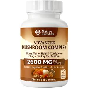 10-in-1 Mushroom Complex with Lions Mane, Reishi, Cordyceps - 2600mg Focus Energy Immune Support Supplement, 90 Capsules