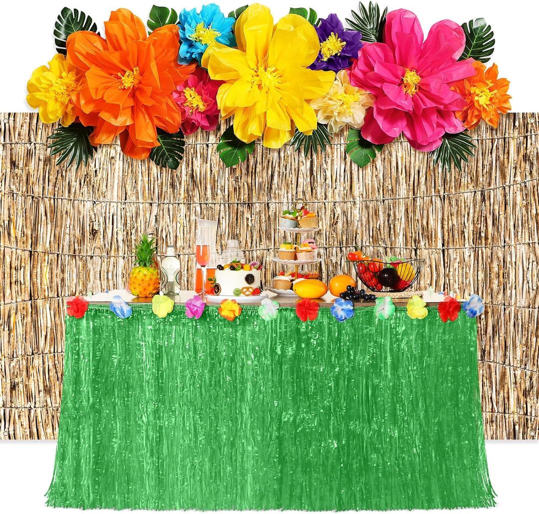 23 Pcs Hawaiian Luau Beach Party Decoration Set, Include Grass Table Skirt Paper Flowers Backdrop 71 x 43 Inch Hawaiian Backdrop 3D Hibiscus Palm Leaves for Aloha Luau Party Supplies (Green)