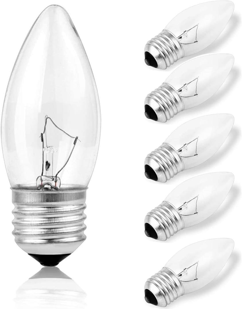 40W Incandescent Torpedo Tip Chandelier with Crystal Clear Incandescent Light Bulbs Tip Light Bulb and Medium E26 Candelabra Base (6 Pack)