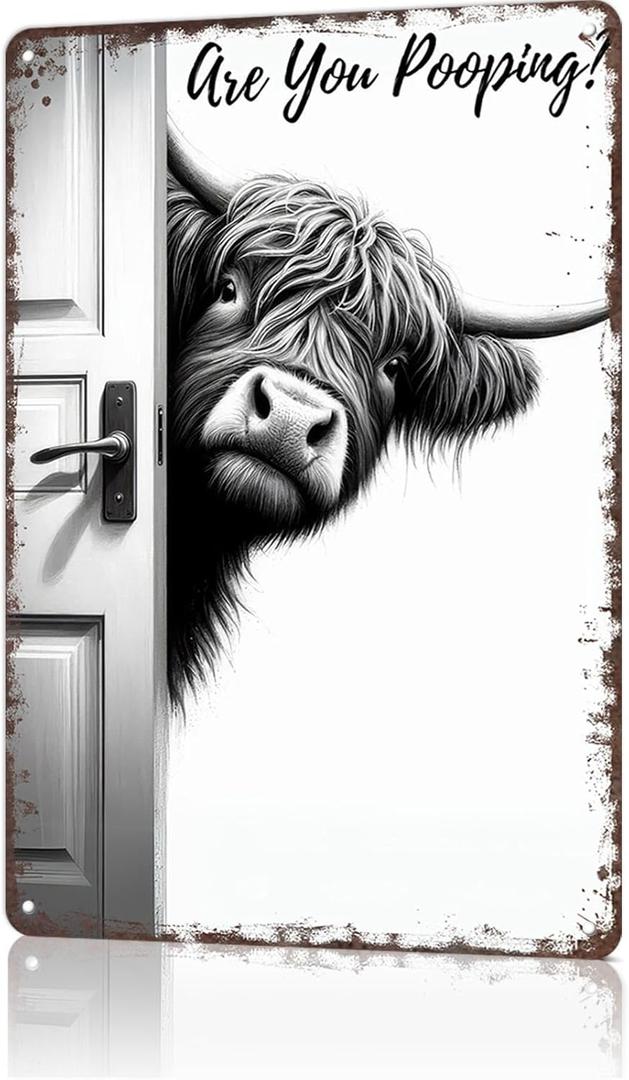 8x12 Inch Vintage Highland Cow Metal Sign, Funny Bathroom Wall Art with "Are You Pooping?" Quote, Unique Western Farmhouse Decor for Cow Lovers